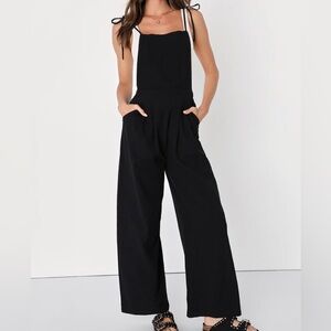 Lulu’s What a Wonderful Day Black Tie-Strap Overall Cotton Jumpsuit